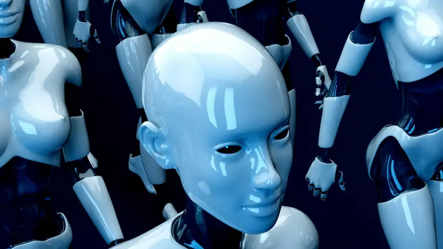 A group of glossy white humanoid robots