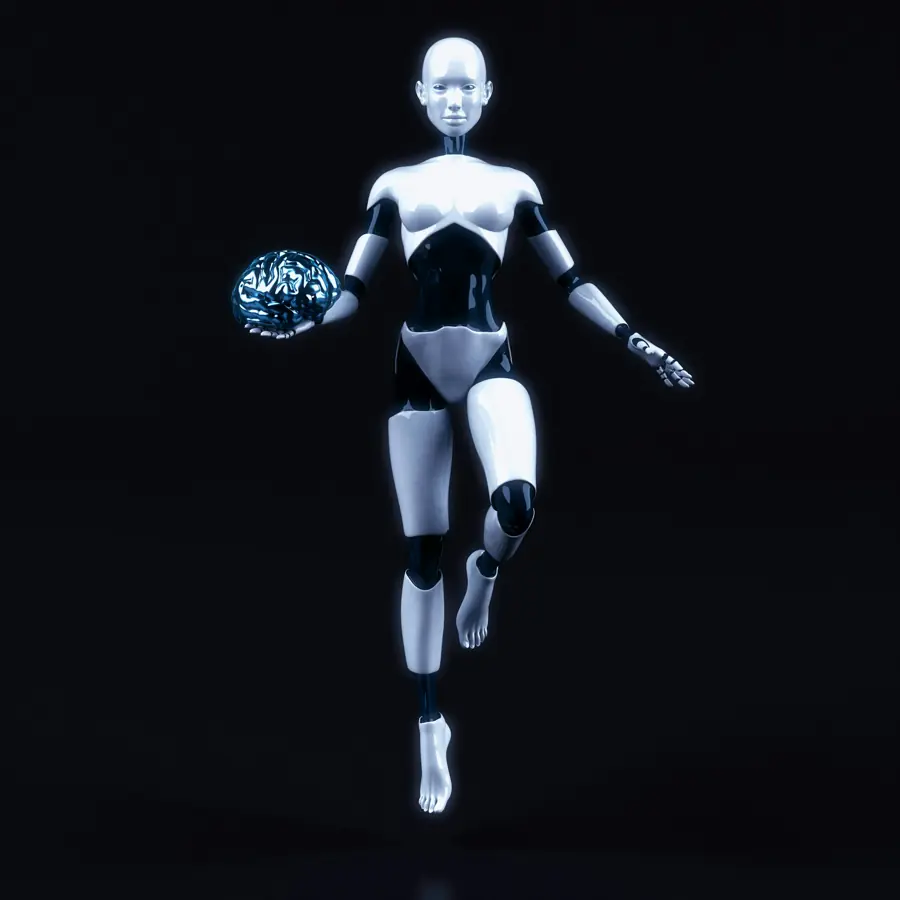 Full-body humanoid robot balancing on one leg against a dark background